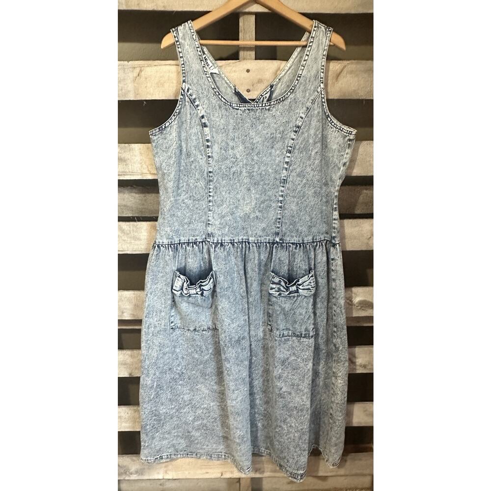 Vintage Miss Lizz Denim Bow Accents Dress Size 15/16 Sleeveless Knee Length